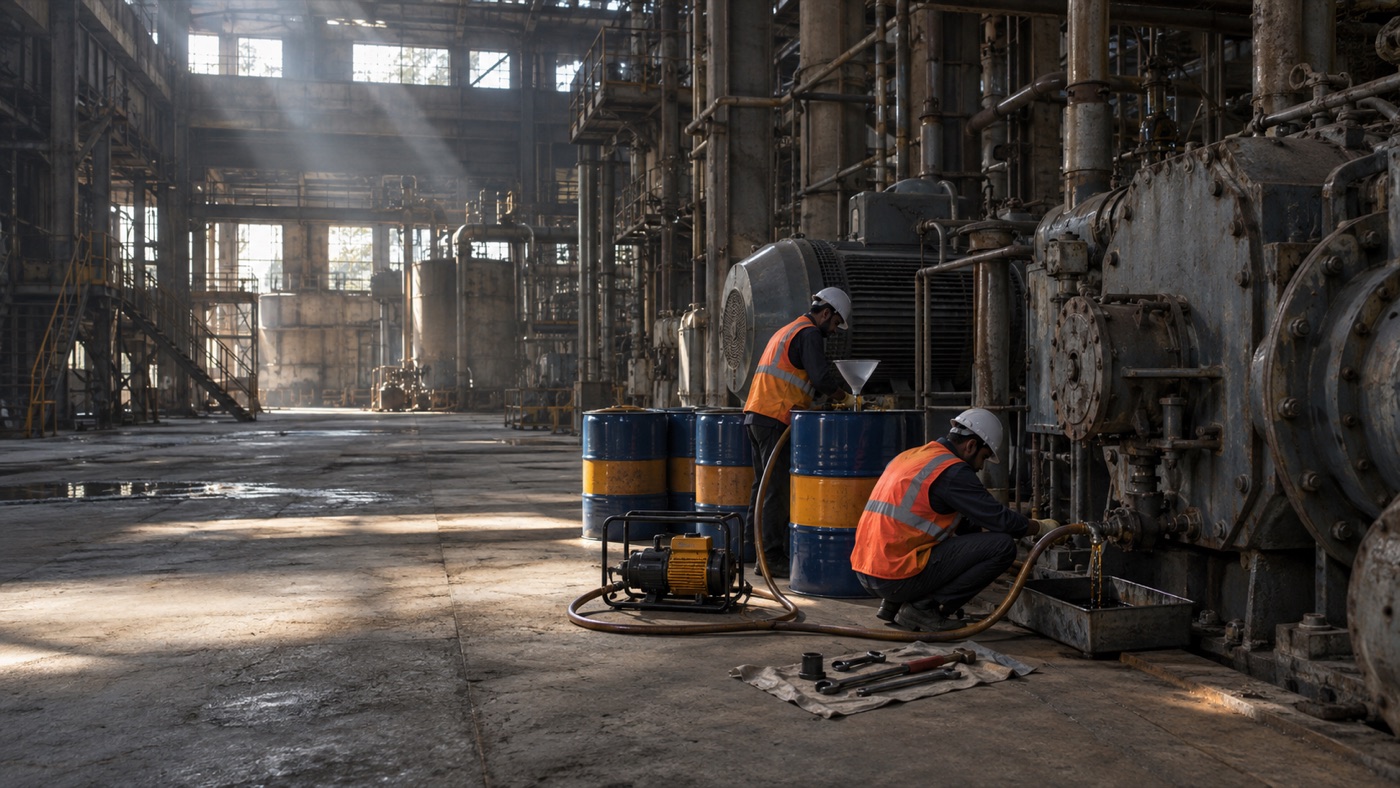 Oil being drained from plant machinery during decommissioning