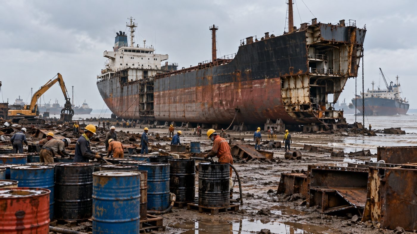Ship recycling used oil and slop collection at Alang in India by BIOCIL, CPCB authorized recycler